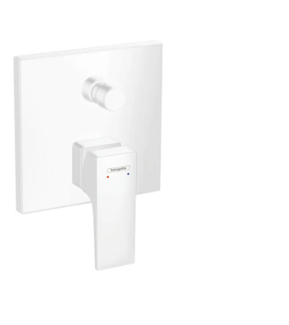 Einhebel-Wannenmischer von Hansgrohe in Mattweiß, bestehend aus einem quadratischen Unterputzmodul mit einem Hebelgriff und farbigen Indikatoren für Kalt- und Warmwasser.